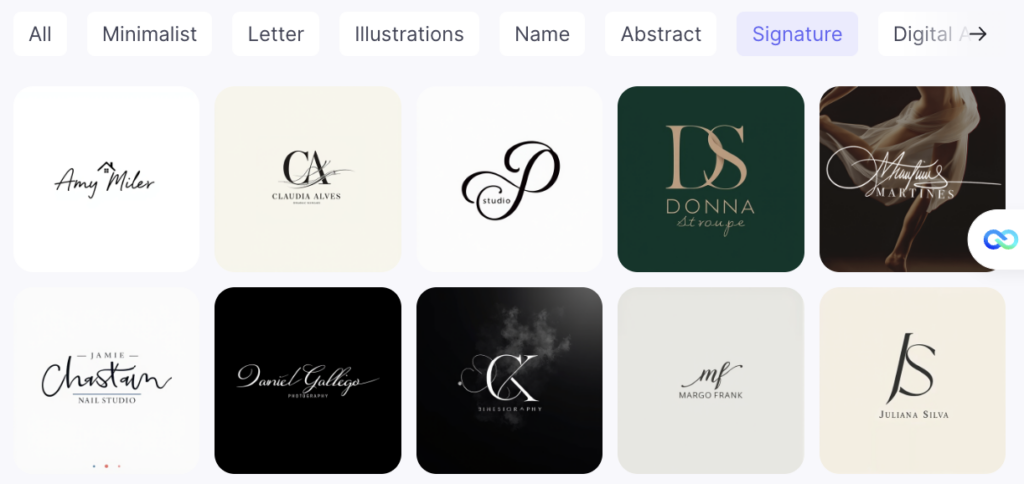 Selection of templates for creating personalized logos, including minimalist, abstract, and signature styles.